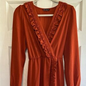 Simplee Apparel, Burnt Orange Mock Wrap Maxi Dress